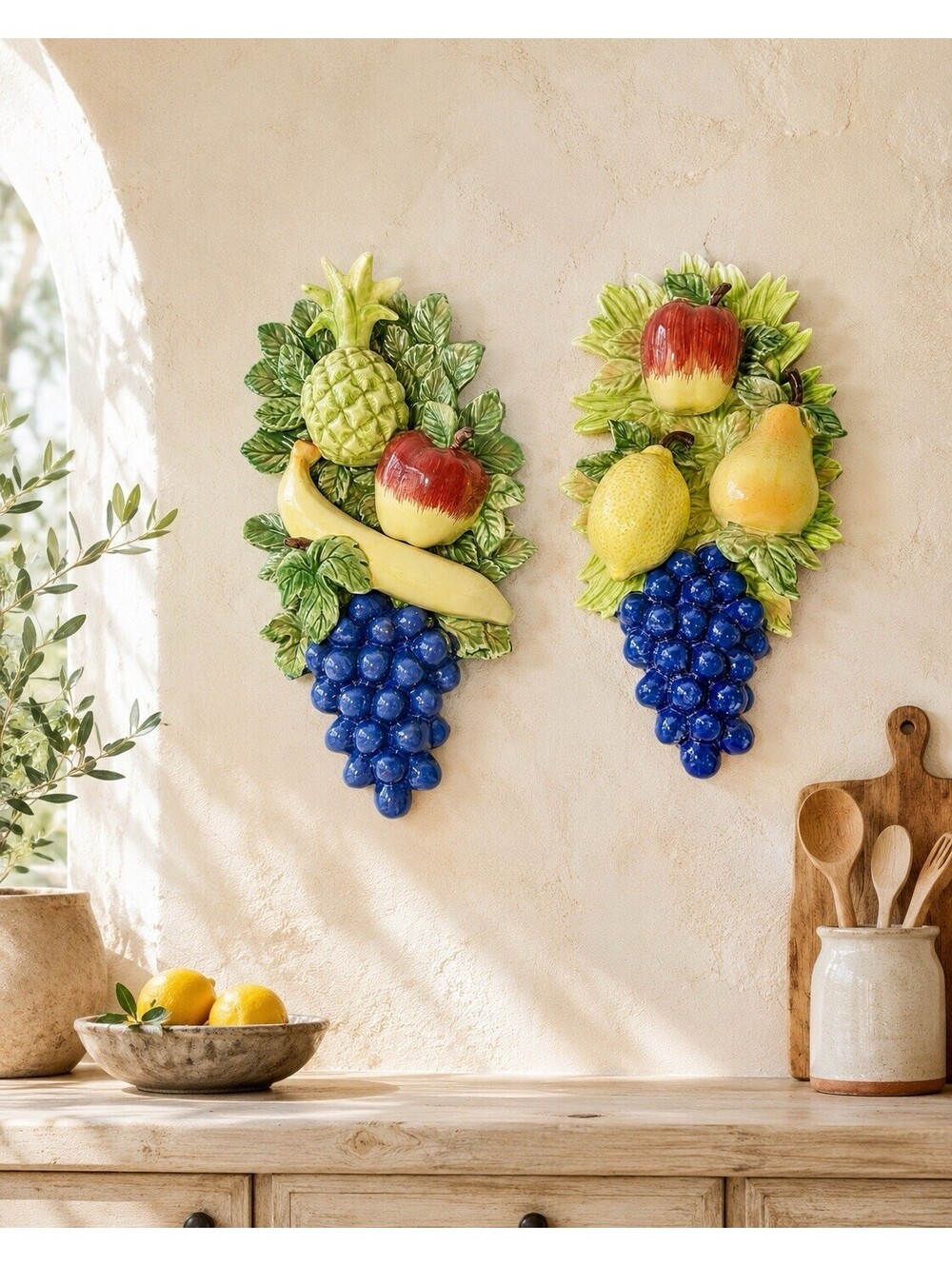 Empress By Haruta Japan 1960s Set Of 2 Ceramic Fruit Wall Plaques, 8x14”